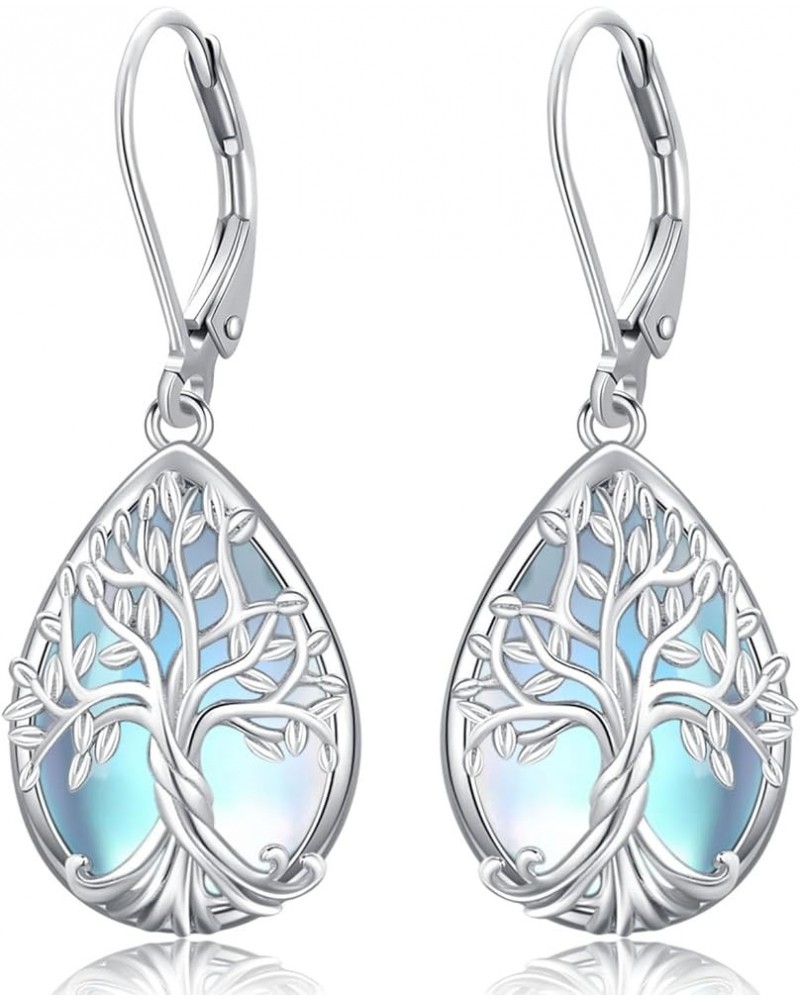 925 Sterling Silver Earrings Cat/Tree of Life/Moonstone/Teardrop Filigree Dangle Drop Leverback Earrings for Women Girls B-Tr...