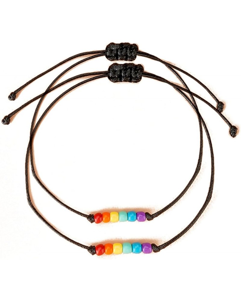 2Pcs Rainbow Beads LGBT Pride Woven Bracelet Set Braided String Handmade Adjustable Seeds Weaved Wristband Watch Band for Wom...