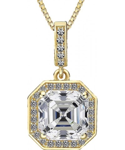 Asscher Cut Halo CZ Simulated Diamond Solitaire Necklace Sterling Silver 7mm Zirconia Center Gemstone Yellow Gold Plated Silv...