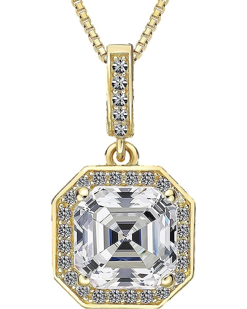 Asscher Cut Halo CZ Simulated Diamond Solitaire Necklace Sterling Silver 7mm Zirconia Center Gemstone Yellow Gold Plated Silv...