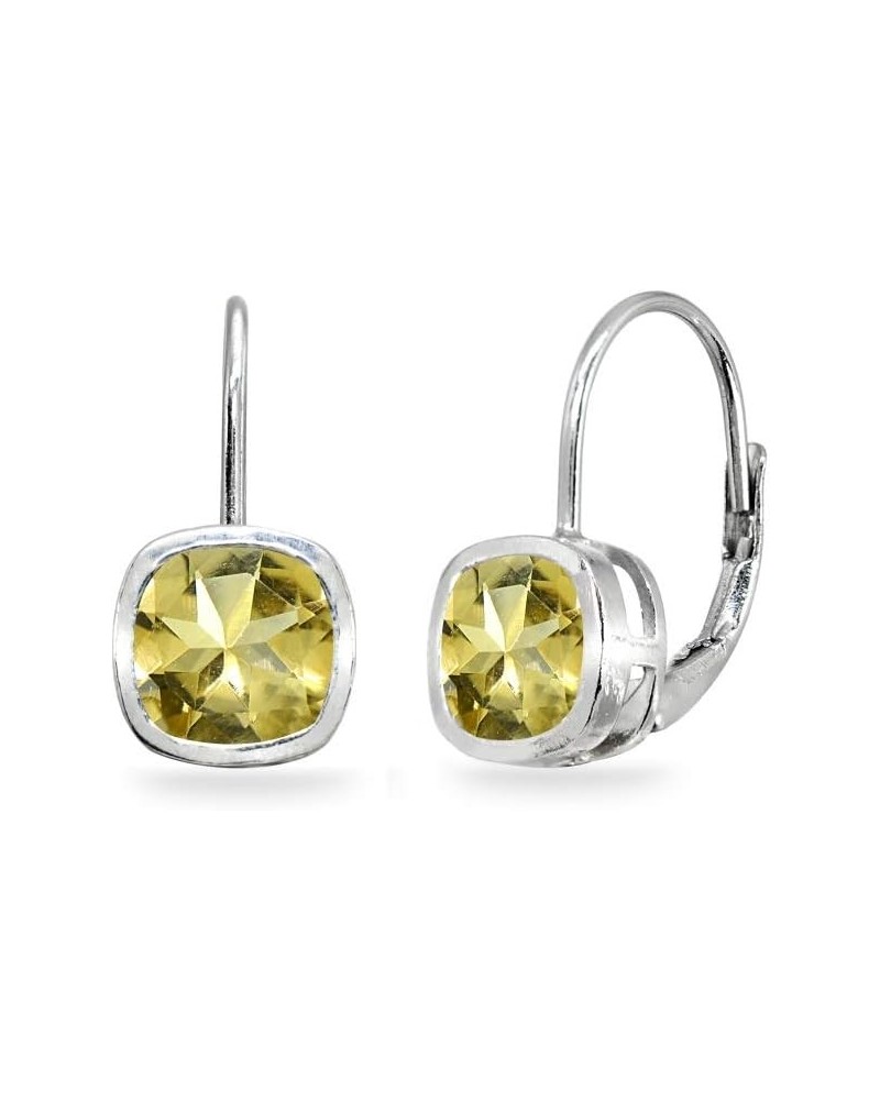 Sterling Silver Genuine or Synthetic Gemstone 6x6mm Cushion Bezel-Set Dainty Drop Leverback Earrings for Women Girls Citrine ...