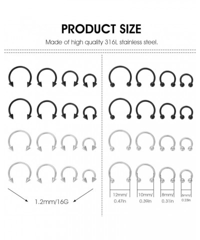 32Pcs 16G Variety of Sizes Horseshoe Rings Surgical Steel Nose Septum Horseshoe Hoop Earring Eyebrow Earring Hoop Lip Horsesh...