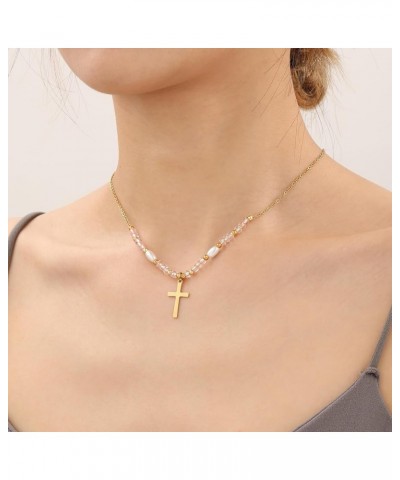 Multicolor Glass Beaded Corss Necklaces for Women Girls Dainty Gold Cross Necklaces for Women Trendy Cross Pendant Necklace J...