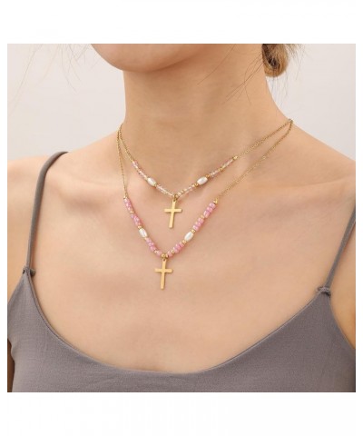 Multicolor Glass Beaded Corss Necklaces for Women Girls Dainty Gold Cross Necklaces for Women Trendy Cross Pendant Necklace J...