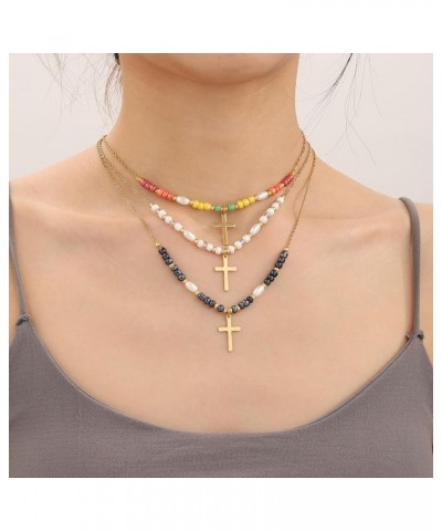 Multicolor Glass Beaded Corss Necklaces for Women Girls Dainty Gold Cross Necklaces for Women Trendy Cross Pendant Necklace J...