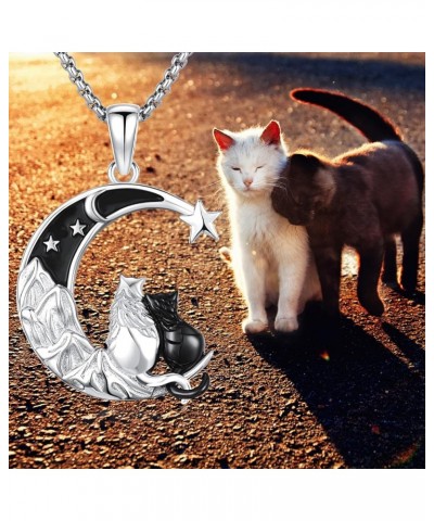 Black Cat Necklace 925 Sterling Silver Celtic Moon Cat Pendant Necklace Cat Jewelry for Women Girl Cat Lovers Anniversary Chr...