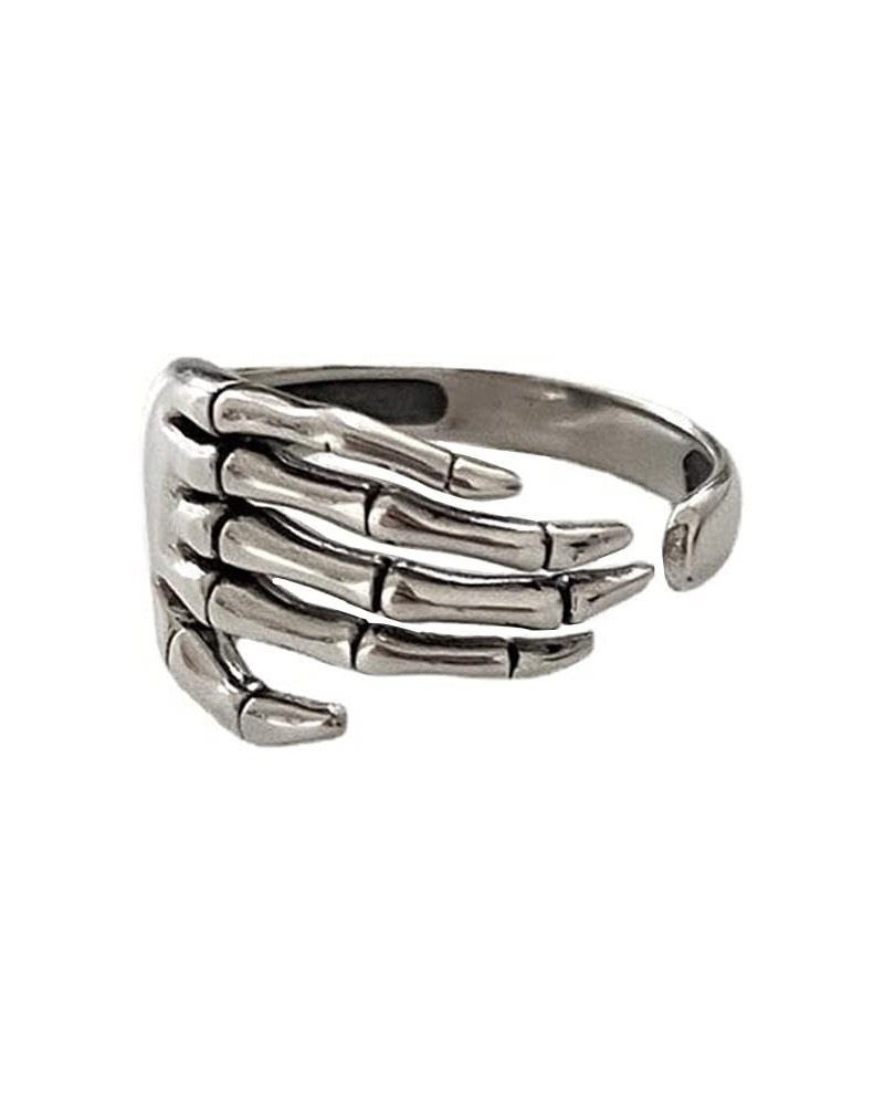 Vintage Skull Hand S925 Sterling Silver Open Band Ring for Women Girls Statement Adjustable Expandable Oxidzed Gothic Skeleto...