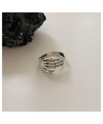 Vintage Skull Hand S925 Sterling Silver Open Band Ring for Women Girls Statement Adjustable Expandable Oxidzed Gothic Skeleto...