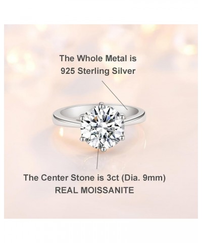 3CT Moissanite Engagement Ring for Women, Classic 6-Prong Wedding Rings, 925 Sterling Silver D Color VVS Diamond Ring with Ce...