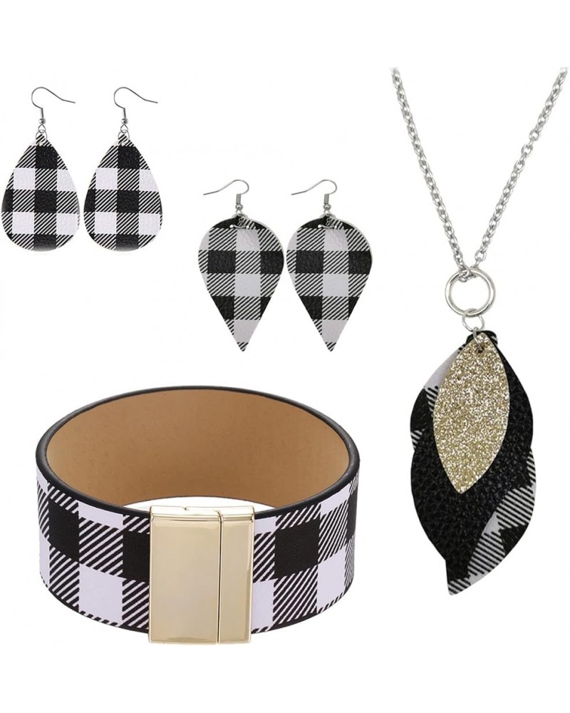 4 Pieces Faux Leather Earrings Necklace Bracelet Set, 4 Pieces Christmas Plaid Stripe Jewelry Set, Multi-Layer Leather Bracel...