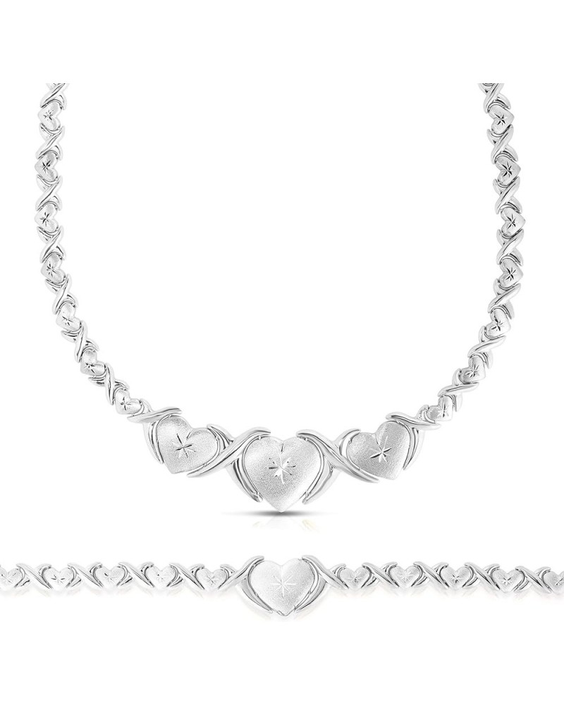 925 Sterling Silver Stampato XOXO Hugs and Kisses with Graduating Heart Pendant Bracelet and Necklace Set Rhodium Plated $73....