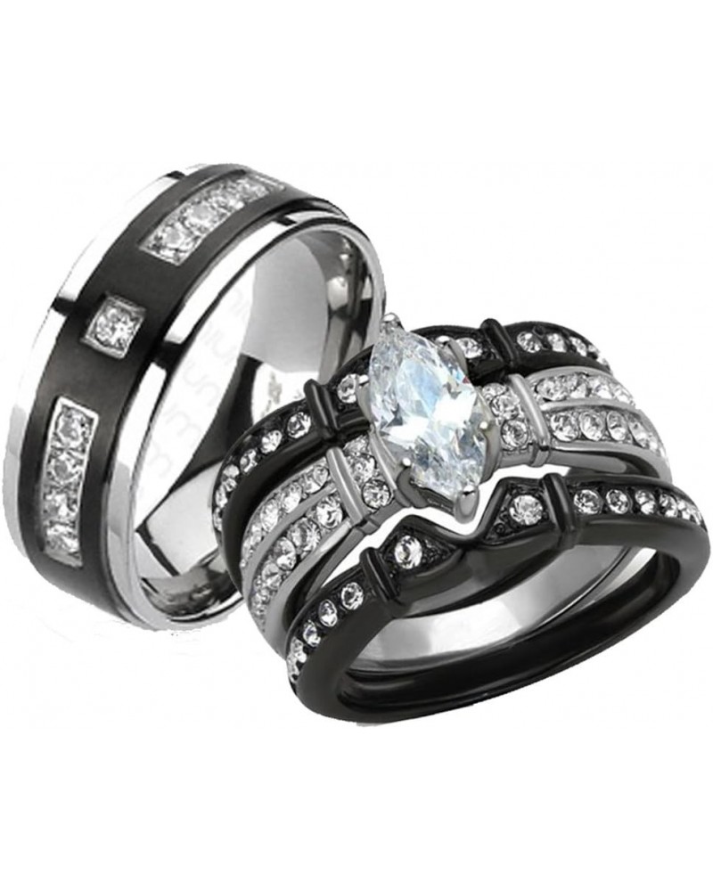 Her and His 4 Piece Black Stainless Steel and Titanium Wedding Engagement Ring Band Set Size Women's 09 Men's 08 $23.87 Sets