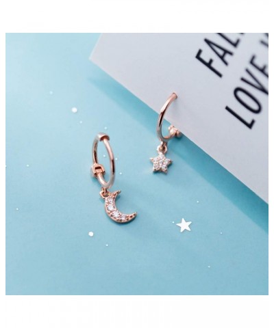 Dainty Moon Star Small Hoop Earrings Sterling Silver for Women Teen Girls Asymmetrical CZ Crystal Dangle Cartilage Tiny Huggi...