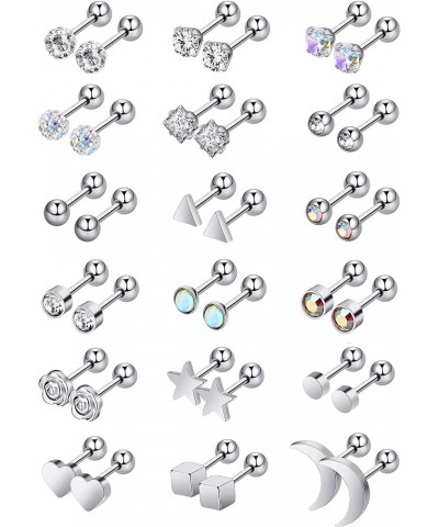 18 Pairs Stainless Steel Stud Earrings Solid Rhinestone Earring Cartilage Earrings Helix Ear Piercing Jewelry for Women Men 1...