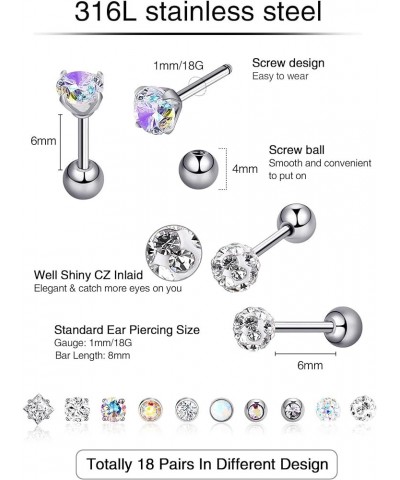 18 Pairs Stainless Steel Stud Earrings Solid Rhinestone Earring Cartilage Earrings Helix Ear Piercing Jewelry for Women Men 1...