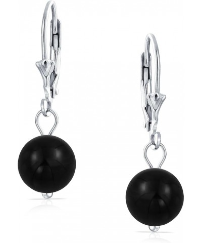 Simple Basic Gemstone Round 8MM Bead Ball Drop Dangle Earrings For Women Teen Secure Hinge Lever back .925 Sterling Silver Bi...