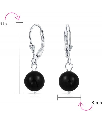 Simple Basic Gemstone Round 8MM Bead Ball Drop Dangle Earrings For Women Teen Secure Hinge Lever back .925 Sterling Silver Bi...