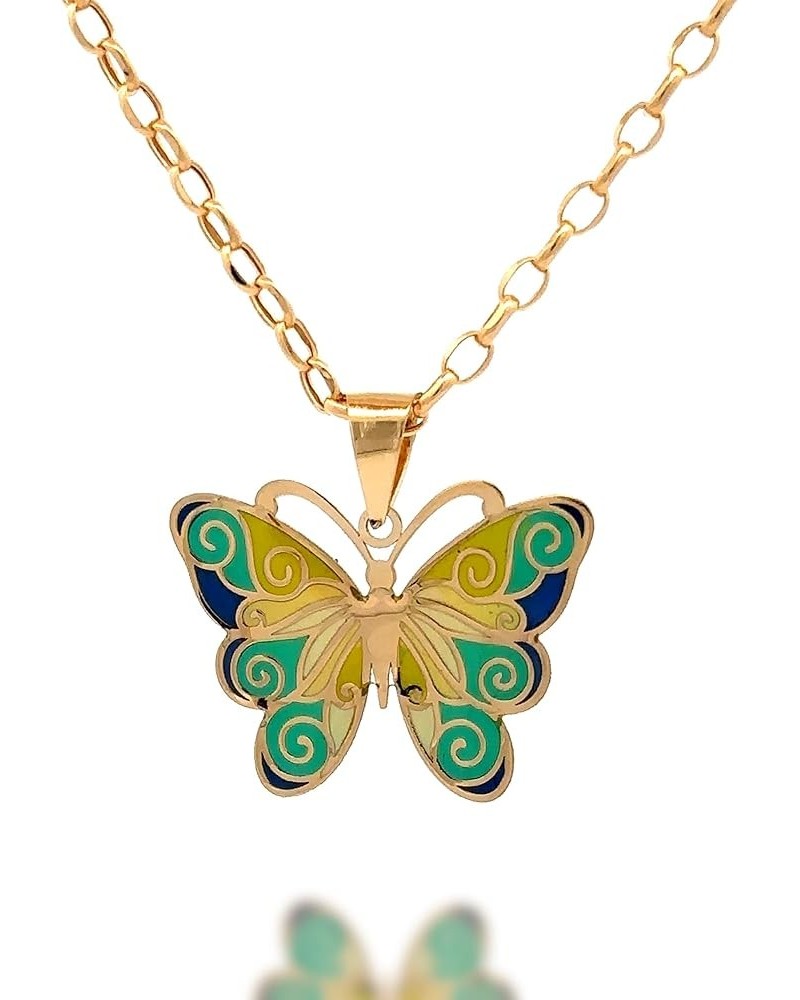 14K Gold Solid Pendant Necklace Butterfly Hand-Painted with Cuban Link or Adjustable Chain (Dainty) - Yellow Gold Jewelry Pre...