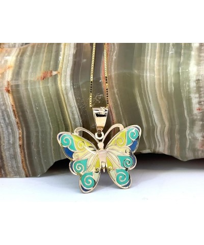 14K Gold Solid Pendant Necklace Butterfly Hand-Painted with Cuban Link or Adjustable Chain (Dainty) - Yellow Gold Jewelry Pre...