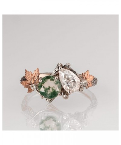 Natural Moss Agate Ring for Women 925 Sterling Silver Green Agate Ring Promise Ring with Vine Leaf Ring Engagement Wedding Je...