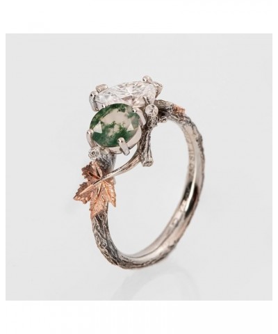 Natural Moss Agate Ring for Women 925 Sterling Silver Green Agate Ring Promise Ring with Vine Leaf Ring Engagement Wedding Je...