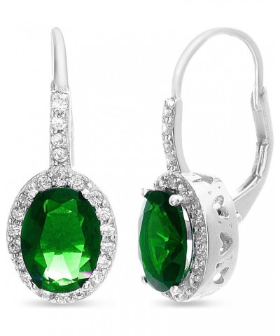 Rhodium Plated Sterling Silver Oval Simulated Gemstone and Cubic Zirconia Bridal Leverback Earring Green $9.28 Earrings