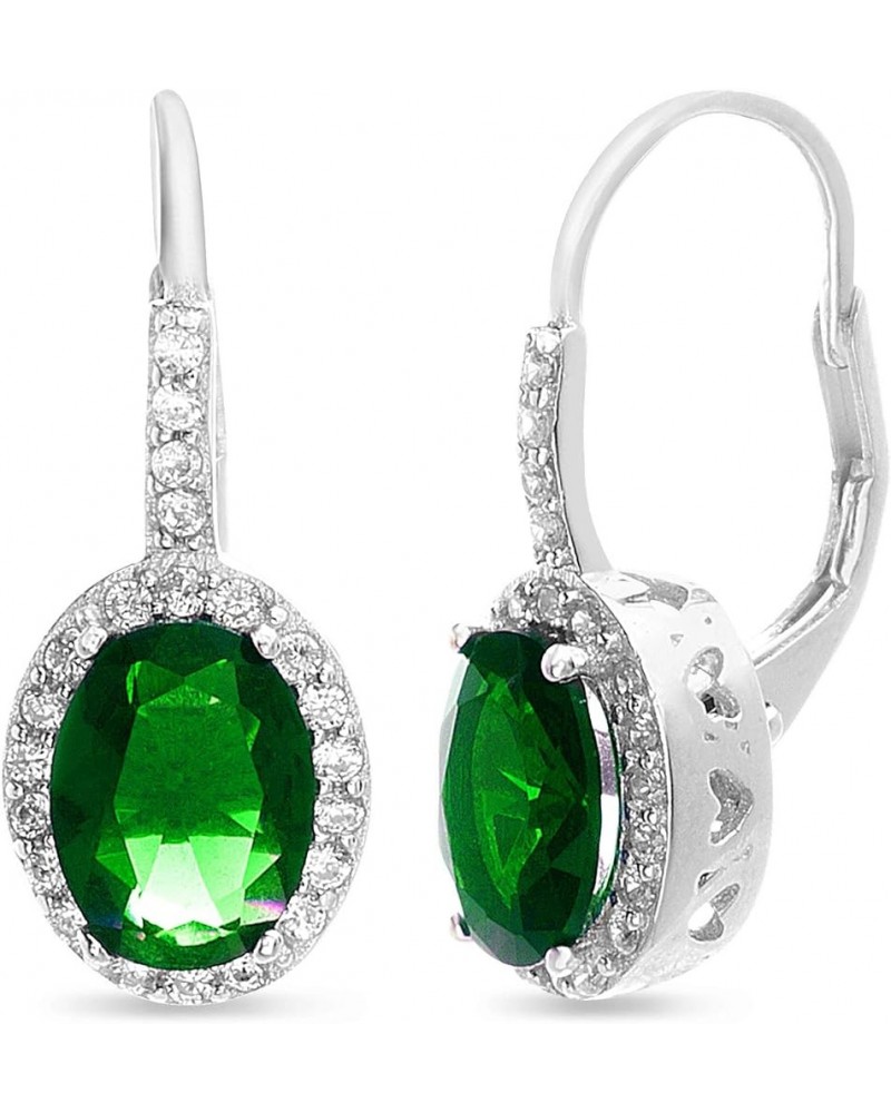 Rhodium Plated Sterling Silver Oval Simulated Gemstone and Cubic Zirconia Bridal Leverback Earring Green $9.28 Earrings