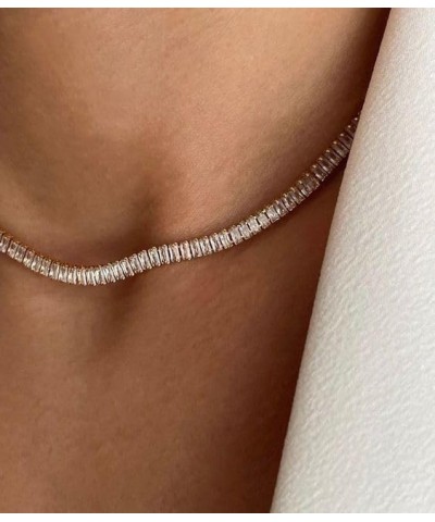 Baguette Tennis Necklace for Women, 14K Gold Over Rhinestone Choker Necklace Baguette Cut AAAAA+ White & Black Cubic Zirconia...