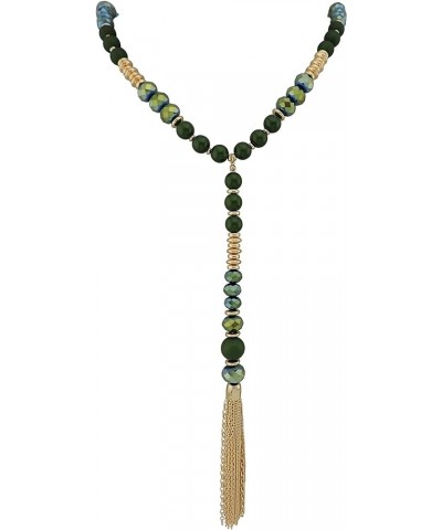 Black Beaded Chain Long Tassels Pendant Statement Necklace For Women (N0025) N0025-gold+dark green $9.24 Necklaces