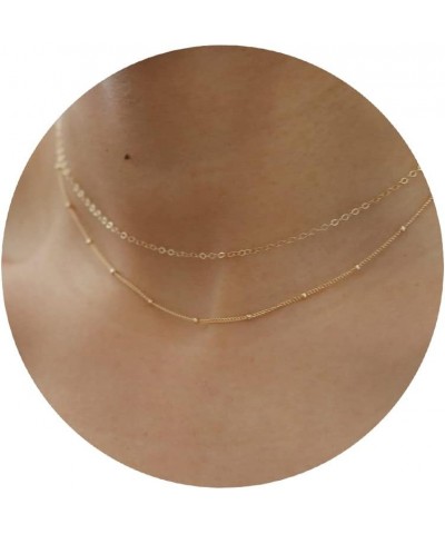 Gold Chain Necklace for Women, 14k Gold Plated Thin Beaded Wave Box Chain Necklace Dainty Gold Necklace Simple Layered Gold C...