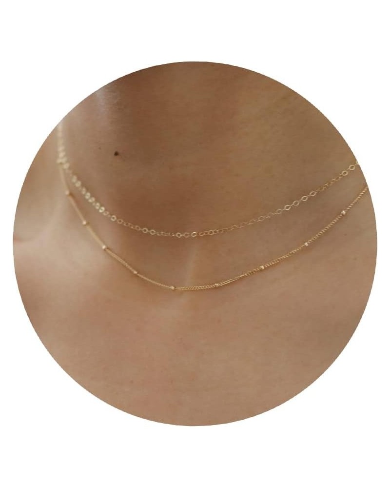 Gold Chain Necklace for Women, 14k Gold Plated Thin Beaded Wave Box Chain Necklace Dainty Gold Necklace Simple Layered Gold C...