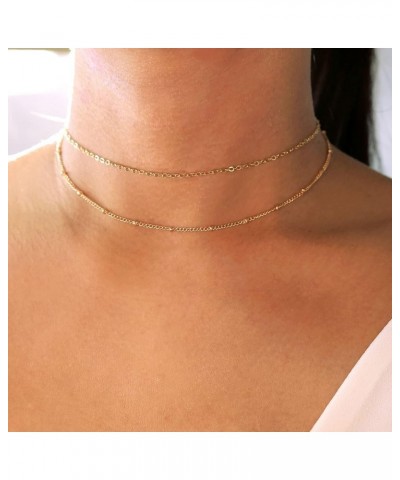 Gold Chain Necklace for Women, 14k Gold Plated Thin Beaded Wave Box Chain Necklace Dainty Gold Necklace Simple Layered Gold C...