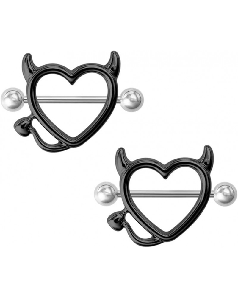 Devil Heart Nipple Rings Surgical Steel 316L Nipple Piercing Bar Piercing Jewelry for Women Men 2 Black $5.71 Body Jewelry