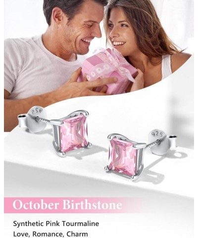 925 Sterling Silver Princess Cut Sparkling Birthstone Stud Earrings for Women Girls, Come with Box 10.Oct(Pink Tourmaline) $1...