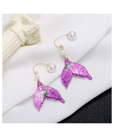 Sequined Mermaid Tail Earrings Fantasy Ocean Light Earrings Purple Fish Tail Earrings Tassel Earrings Creative Ear Hook $8.09...