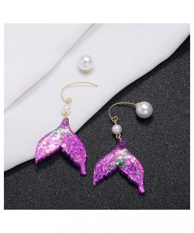 Sequined Mermaid Tail Earrings Fantasy Ocean Light Earrings Purple Fish Tail Earrings Tassel Earrings Creative Ear Hook $8.09...