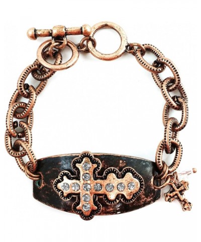 Western Vintage Hammered Plate Cross Chain Rhinestone Bracelet Copper $18.57 Bracelets