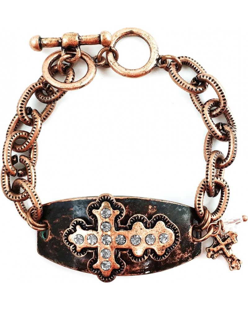 Western Vintage Hammered Plate Cross Chain Rhinestone Bracelet Copper $18.57 Bracelets