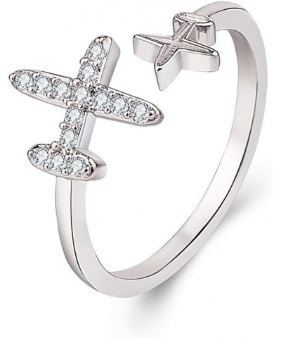 Double Cubic Zircon Plane Aircraft Airplane Finger Ring Travel Trip Adjustable Open Finger Ring Jewelry $8.39 Rings