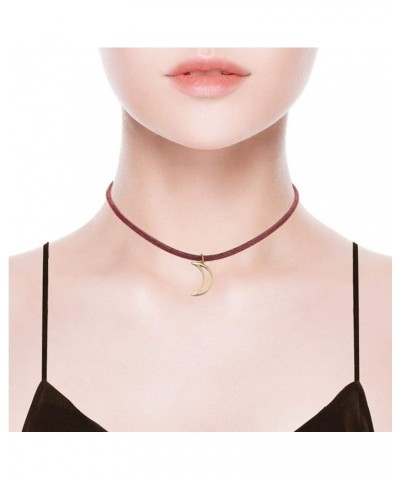 Black Suede Leather Cord Choker Gold Geometric Pendant Choker Necklace for Women Teen Moon_Wine $11.39 Necklaces