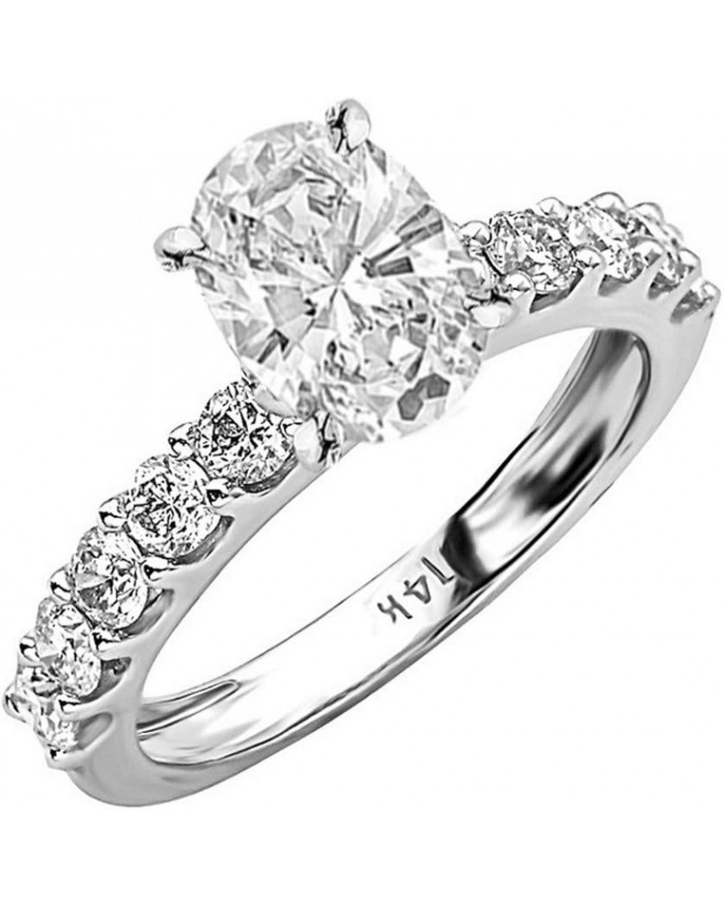 14K White Gold 3 Carat LAB GROWN DIAMOND Classic Side Stone Prong Set Oval Cut Diamond Engagement Ring (G-H Color VS1-VS2 Cla...