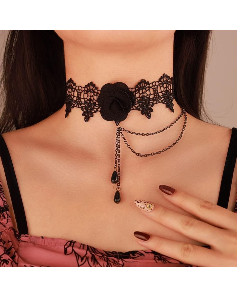 Halloween Black Red Flower Lace Gothic Statement Necklace Victorian Lolita Choker Pendant Vampire Chain Party Custume Choker ...