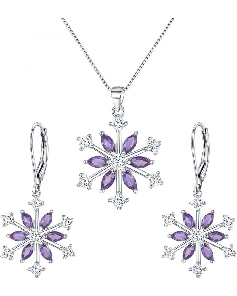 Snowflake Jewerly Sets Sterling Silver Winter Accessory Sparkle Zircon Flower Necklace Leverback Earrings Set Purple $20.09 J...