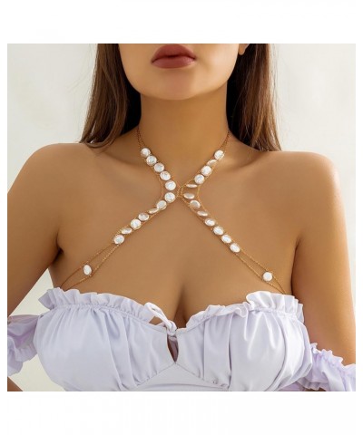 Pearl Body Chain Silver Pearl Beaded Chest Chain Bikini Bra Chain Summer Beach Belly Waist Chain Body Accessories for Women a...