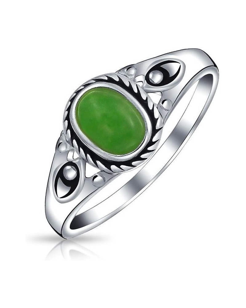 Petite Cabochon Boho Fashion Bali Style Oval Dyed Green Jade Bezel Filigree Band Ring For Women .925 Sterling Silver August B...