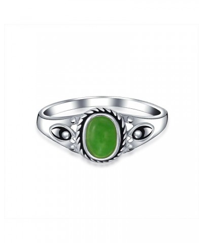 Petite Cabochon Boho Fashion Bali Style Oval Dyed Green Jade Bezel Filigree Band Ring For Women .925 Sterling Silver August B...