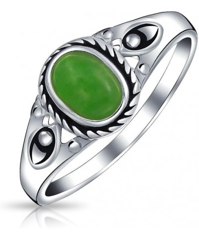 Petite Cabochon Boho Fashion Bali Style Oval Dyed Green Jade Bezel Filigree Band Ring For Women .925 Sterling Silver August B...