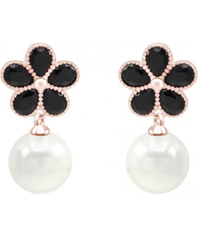 Flower Earrings Black Cubic Zirconia with Simulated Shell Pearl Drops 8mm in 14K Gold Plated 925 Sterling Silver rose-gold-pl...