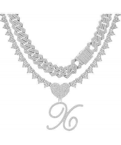 Silver Cuban Link Chain for Women Cursive Initial Layered Necklaces Heart Shape Bling Diamond Iced Out Pendant Necklace for W...