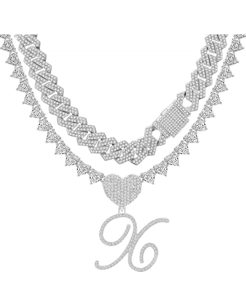 Silver Cuban Link Chain for Women Cursive Initial Layered Necklaces Heart Shape Bling Diamond Iced Out Pendant Necklace for W...